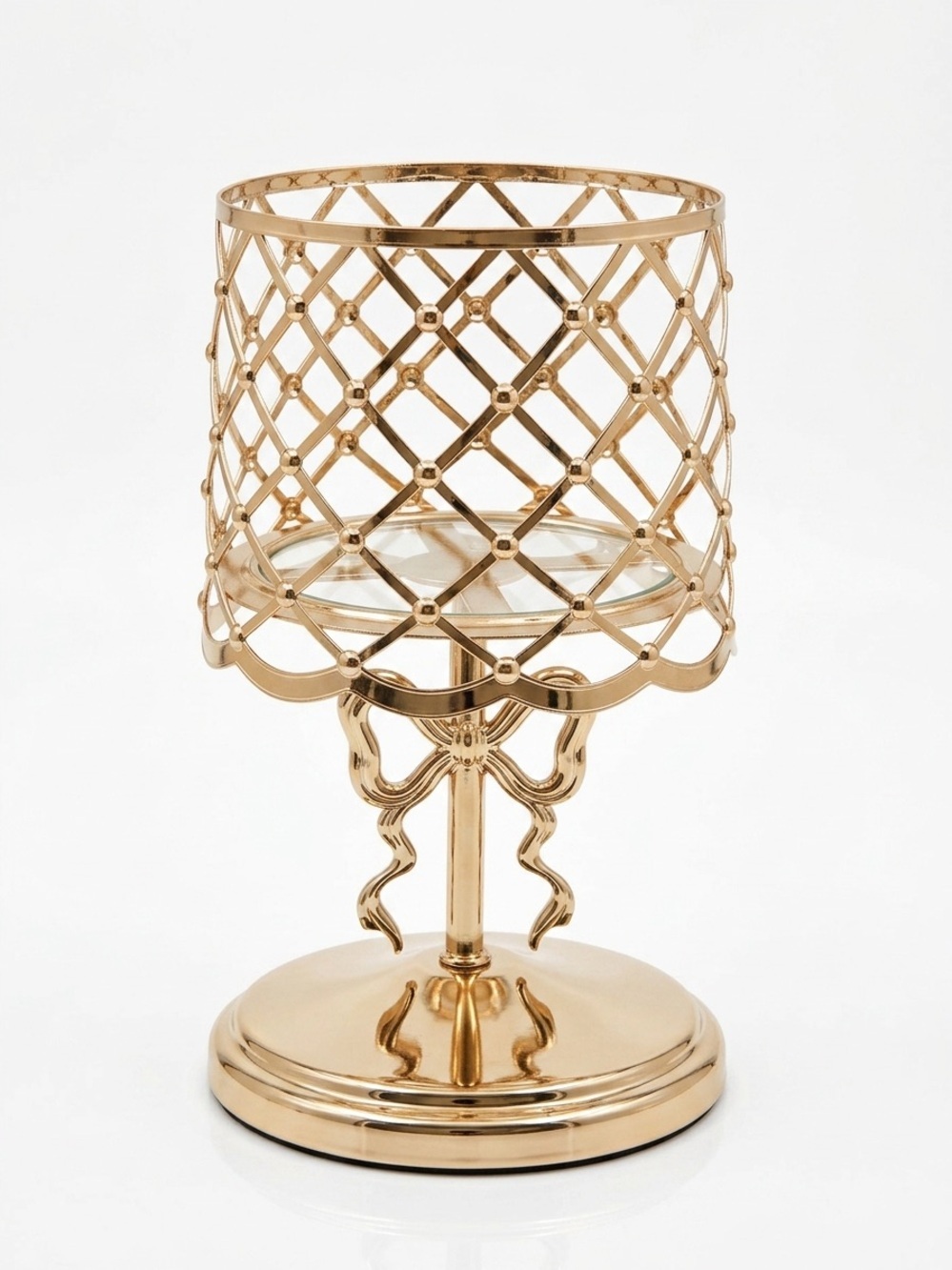 Bath and Body Works Gold Bow Lamp Pedestal 3-Wick Candle Holder Excellent